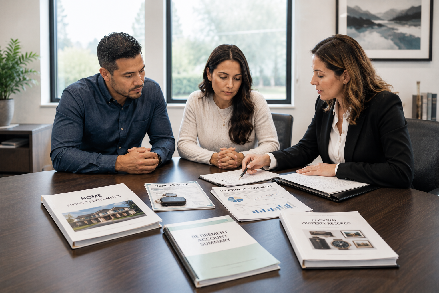 Married couple meeting with a Colorado family law attorney to review and classify marital and separate property documents.