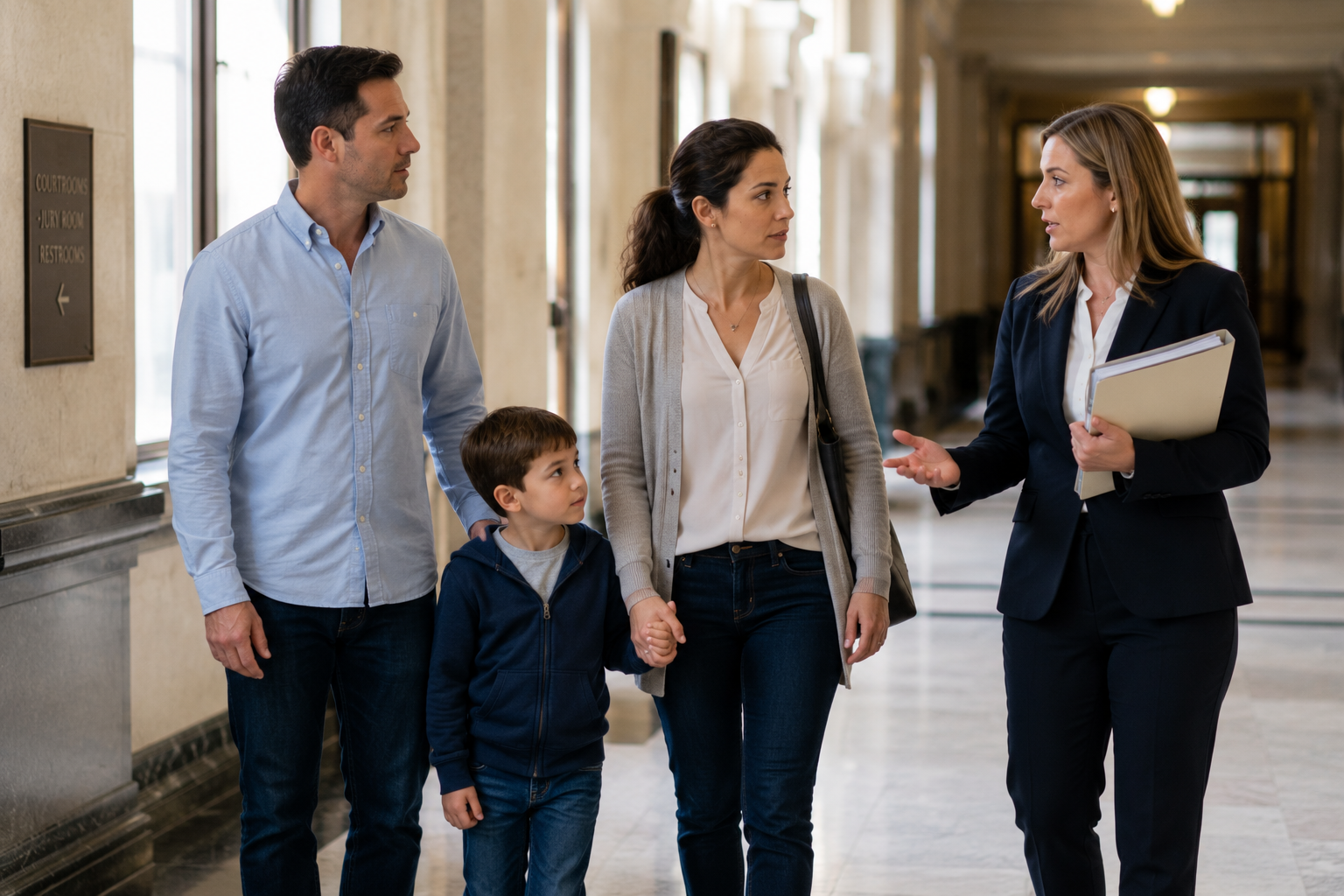 Parents and child speaking with a family law attorney in a courthouse hallway about an emergency child custody matter.