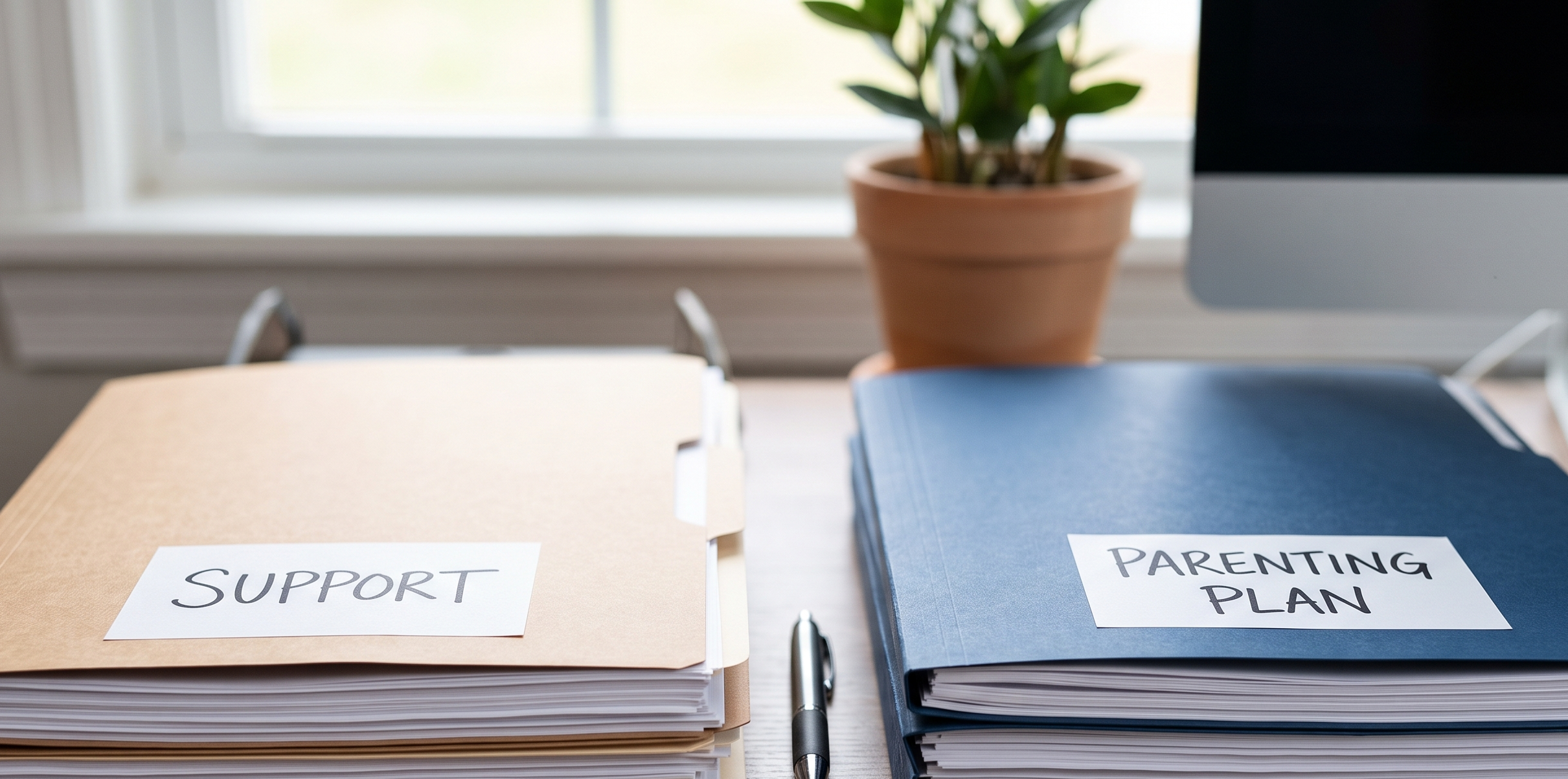 Separate Colorado court orders for child support and parenting time on an attorney’s desk