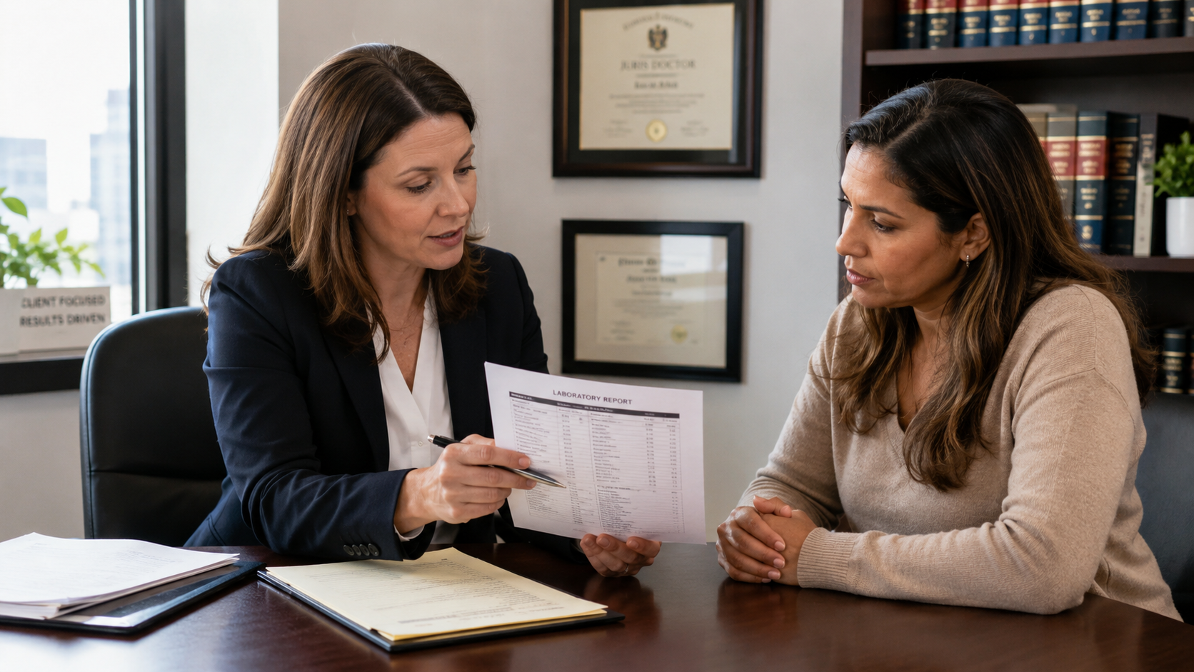Attorney reviewing genetic testing results with a client in a Colorado paternity case