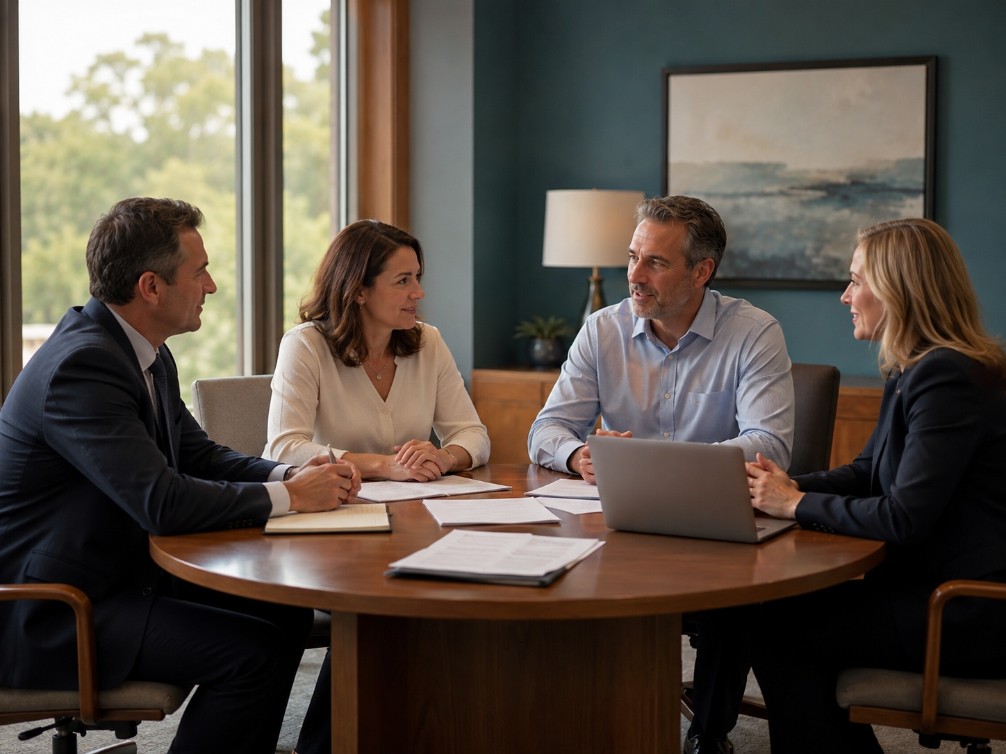 Divorcing couple and their attorneys discussing terms during a collaborative divorce session in Colorado
