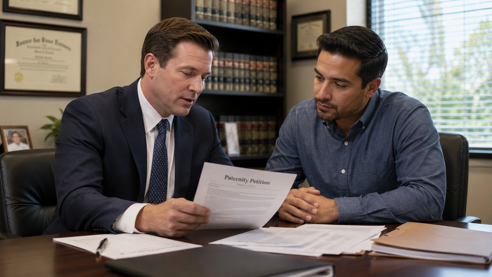 Attorney reviewing a paternity petition with a client in Colorado