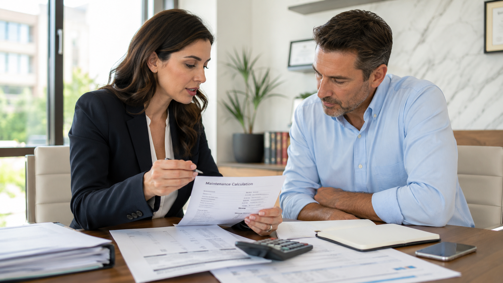 Attorney explaining Colorado's spousal maintenance duration formula to a client
