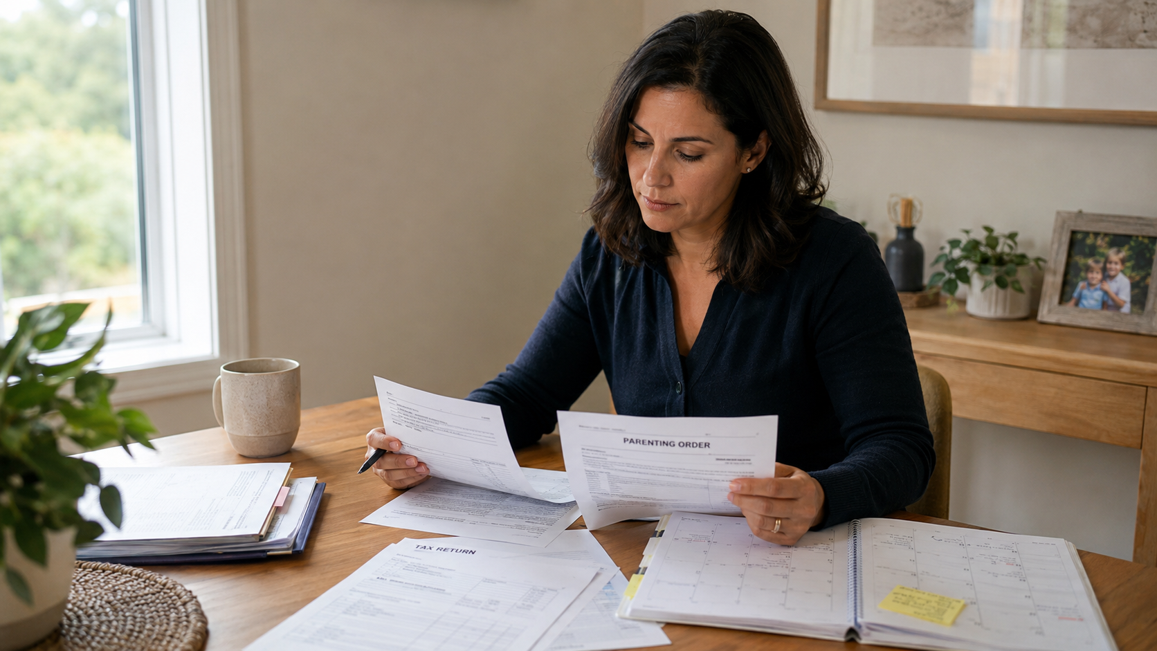 Parent reviewing tax documents and a Colorado parenting order