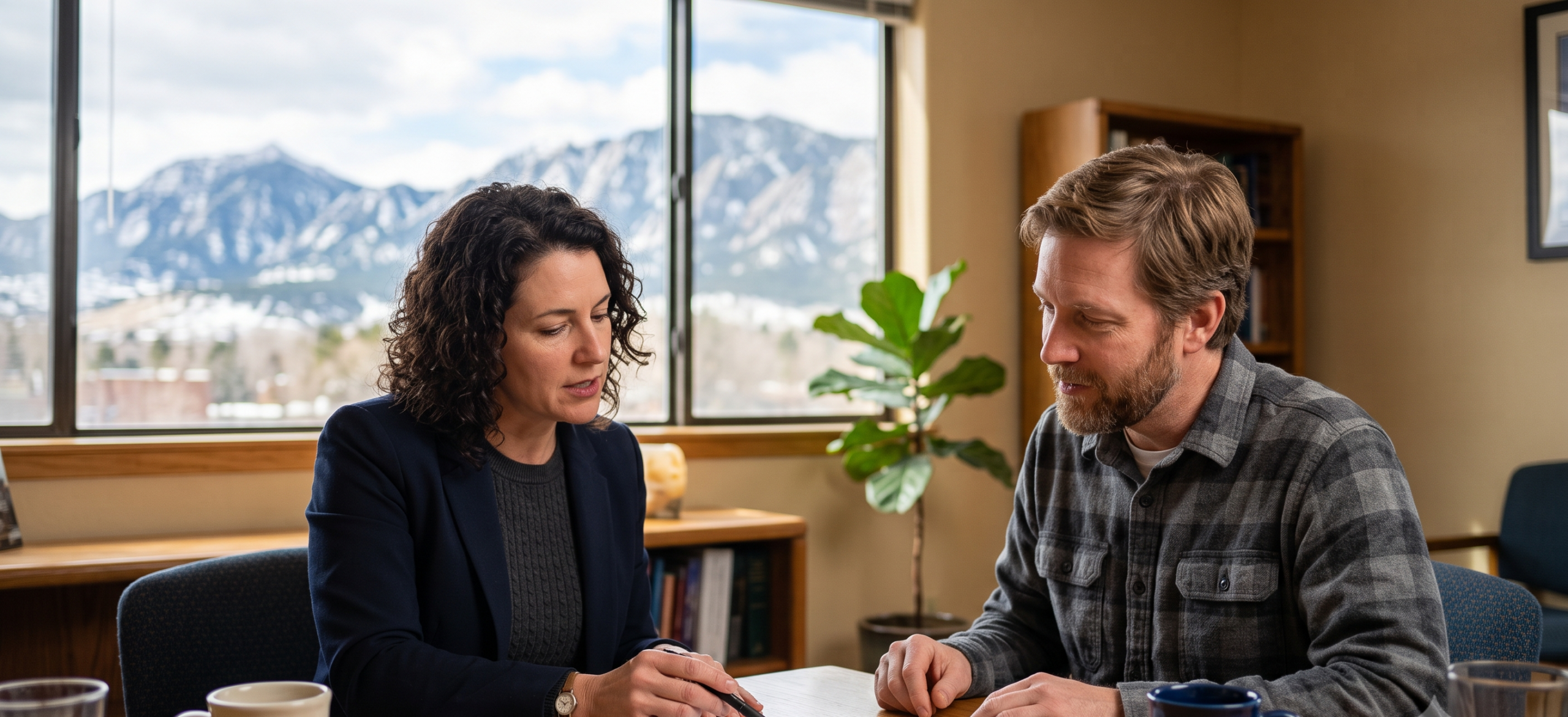 Parent and Colorado family law attorney reviewing a parenting time schedule together during a consultation