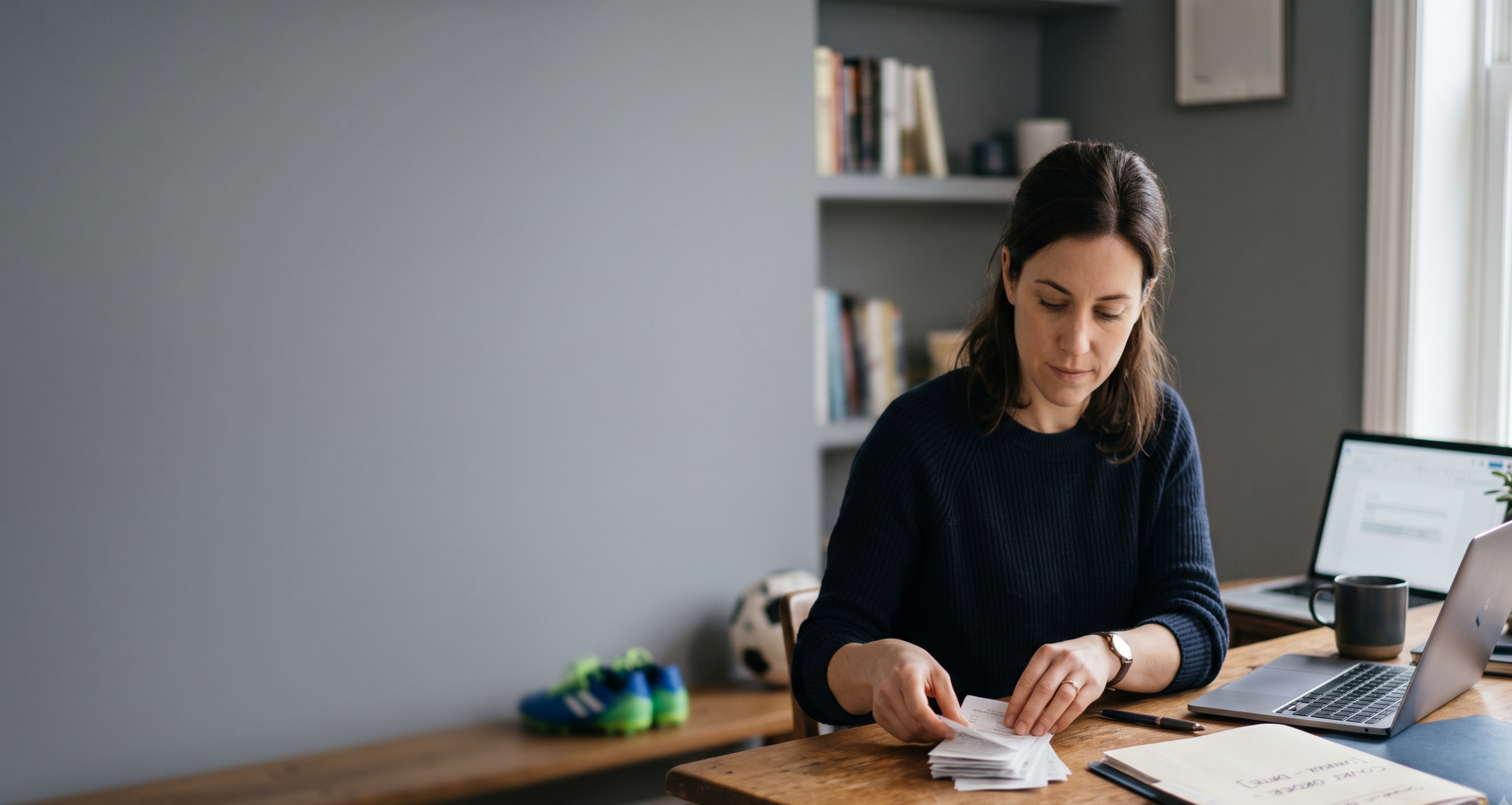 Parent organizing receipts and paperwork at a desk with a laptop