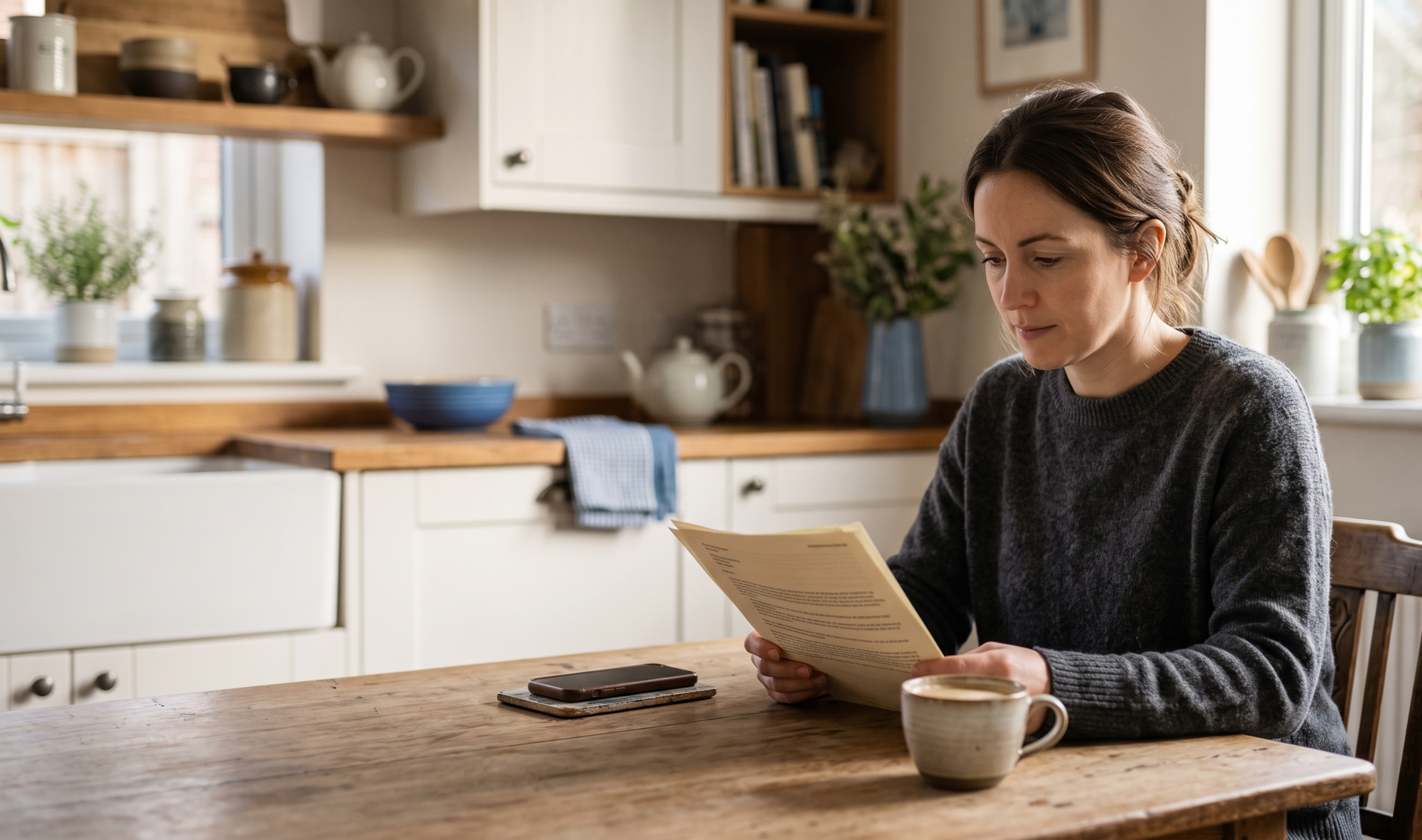 Parent reading a parenting plan document at a kitchen table with a coffee cup