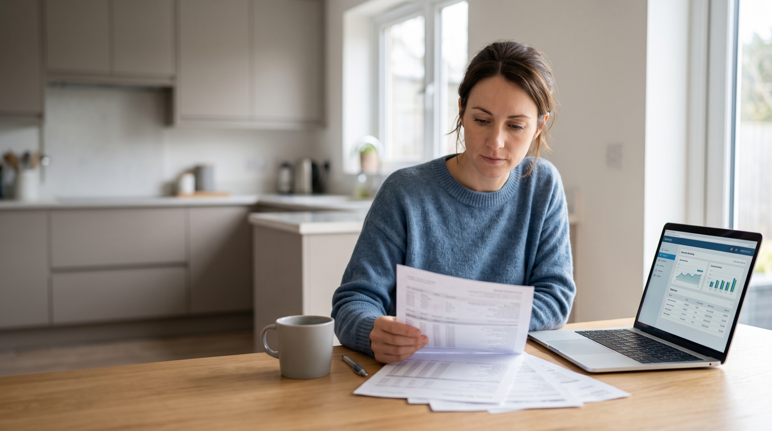 Person reviewing printed bank statements and a laptop at a kitchen table