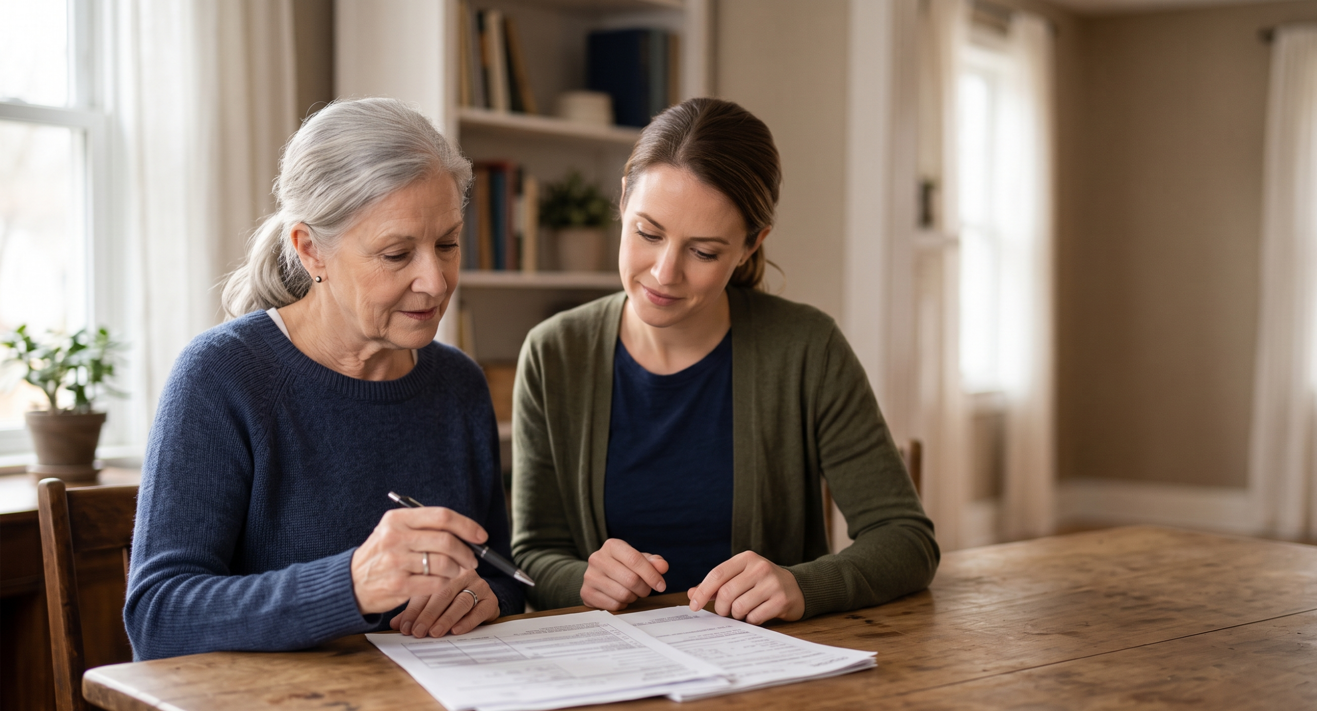 Two adults sitting together reviewing court paperwork at a table