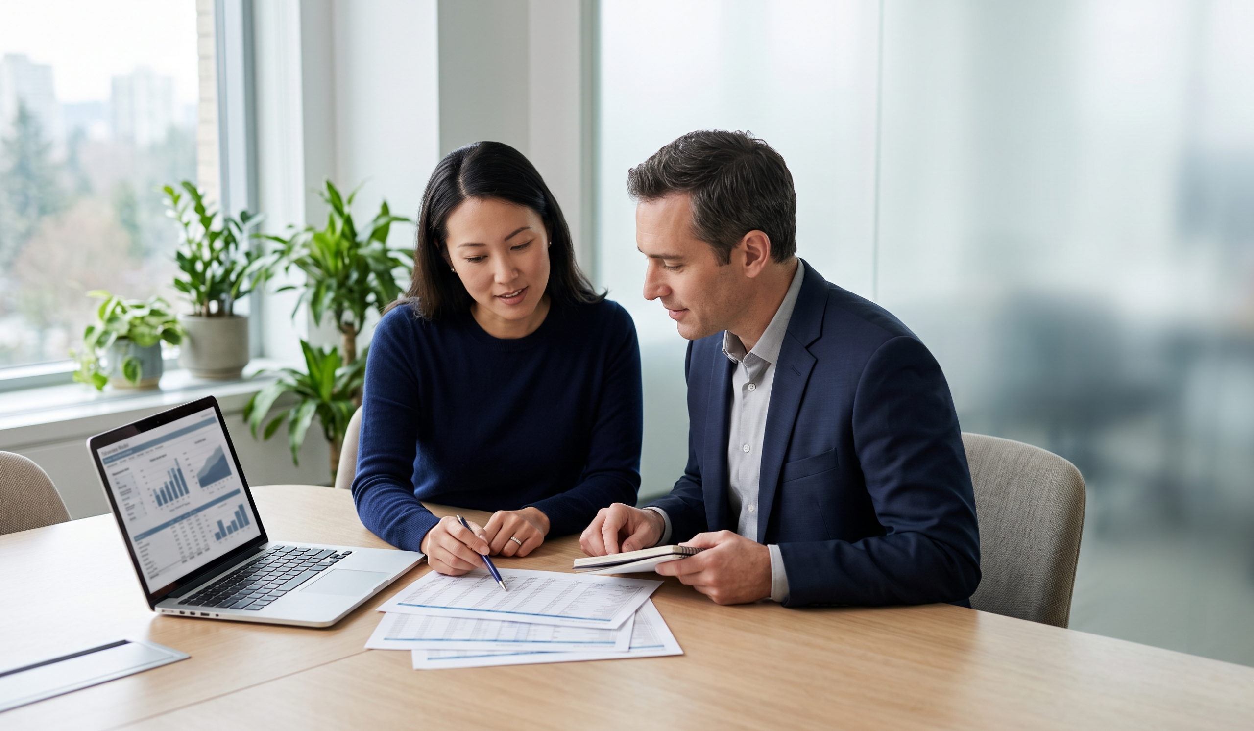 Two people reviewing a spreadsheet and settlement documents at a conference table