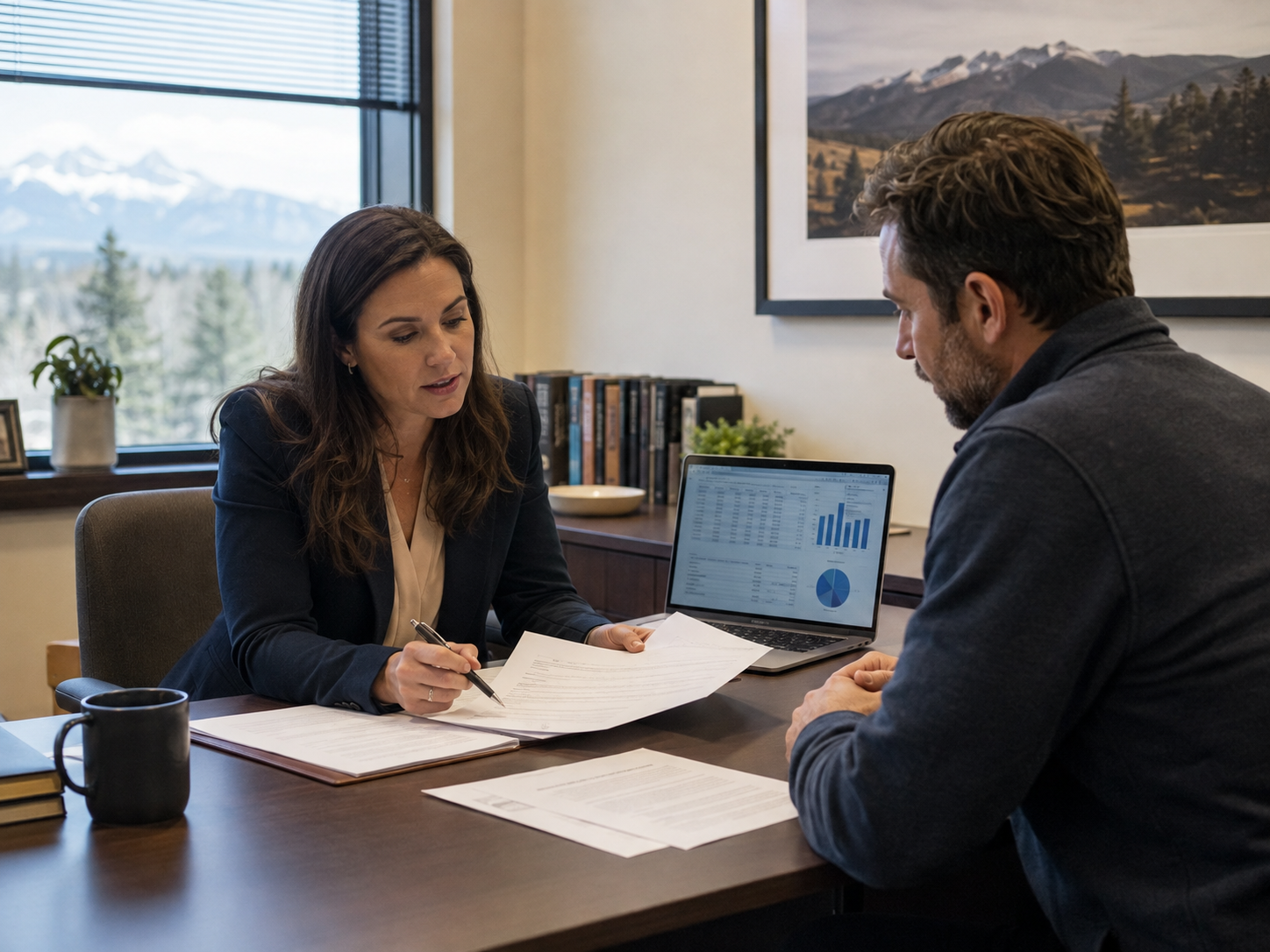 Colorado divorce attorney reviewing a business operating agreement with a business-owner client