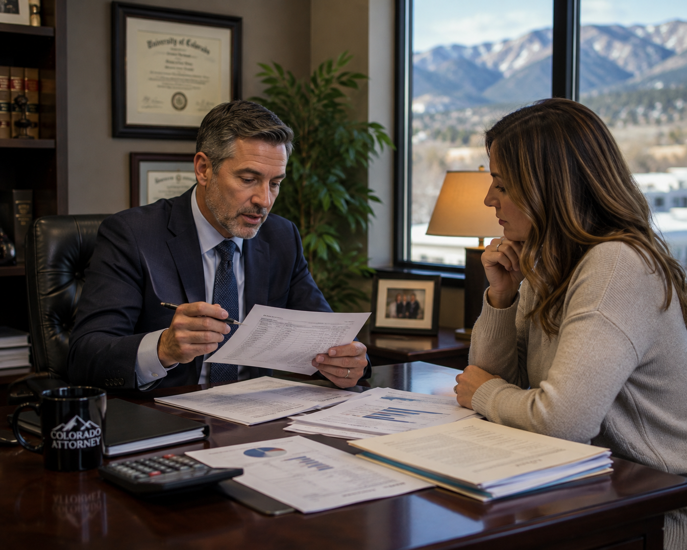 Colorado divorce attorney reviewing high-asset financial records with a client during a spousal maintenance consultation