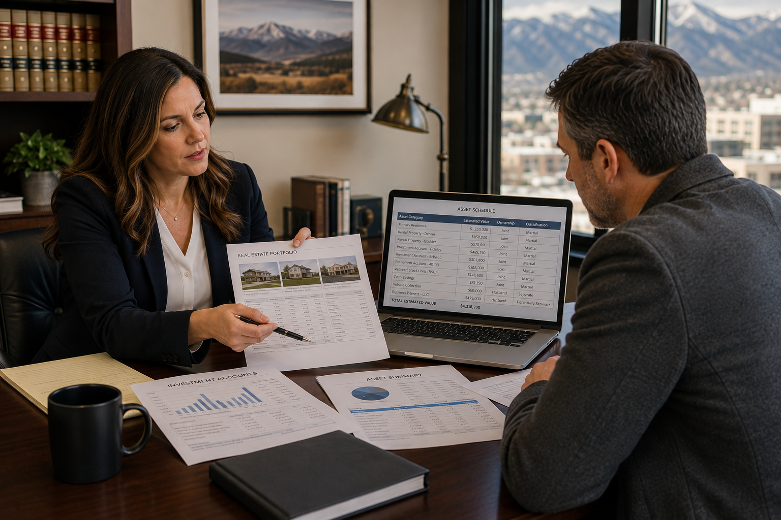 Colorado property division attorney reviewing a real estate and investment portfolio with a client during a high-asset divorce