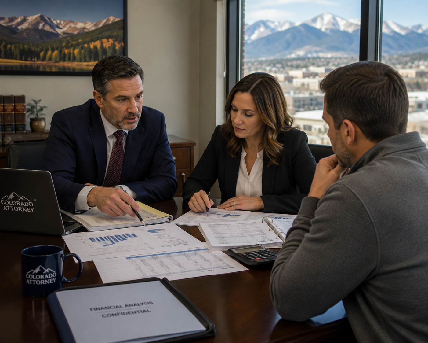 Colorado spousal support attorneys reviewing financial disclosure documents with a client during a high-income maintenance dispute