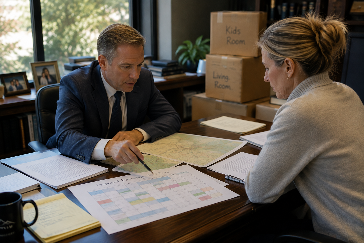 Colorado family law attorney reviewing a relocation and parenting time proposal with a parent considering a move