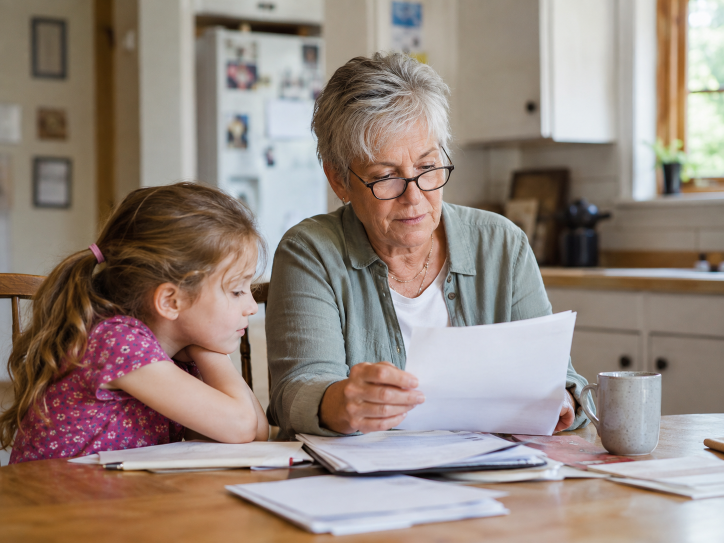 Grandparent reviewing guardianship paperwork with a child at home in Colorado