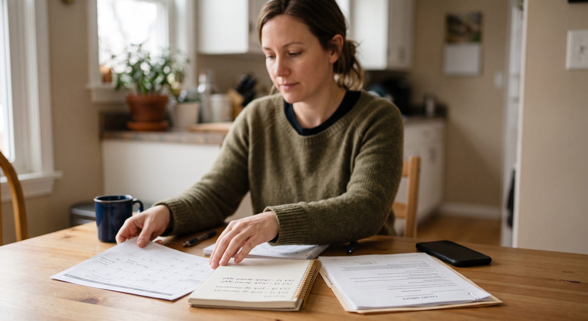 Colorado parent organizing a parenting time log and custody order documents at a kitchen table