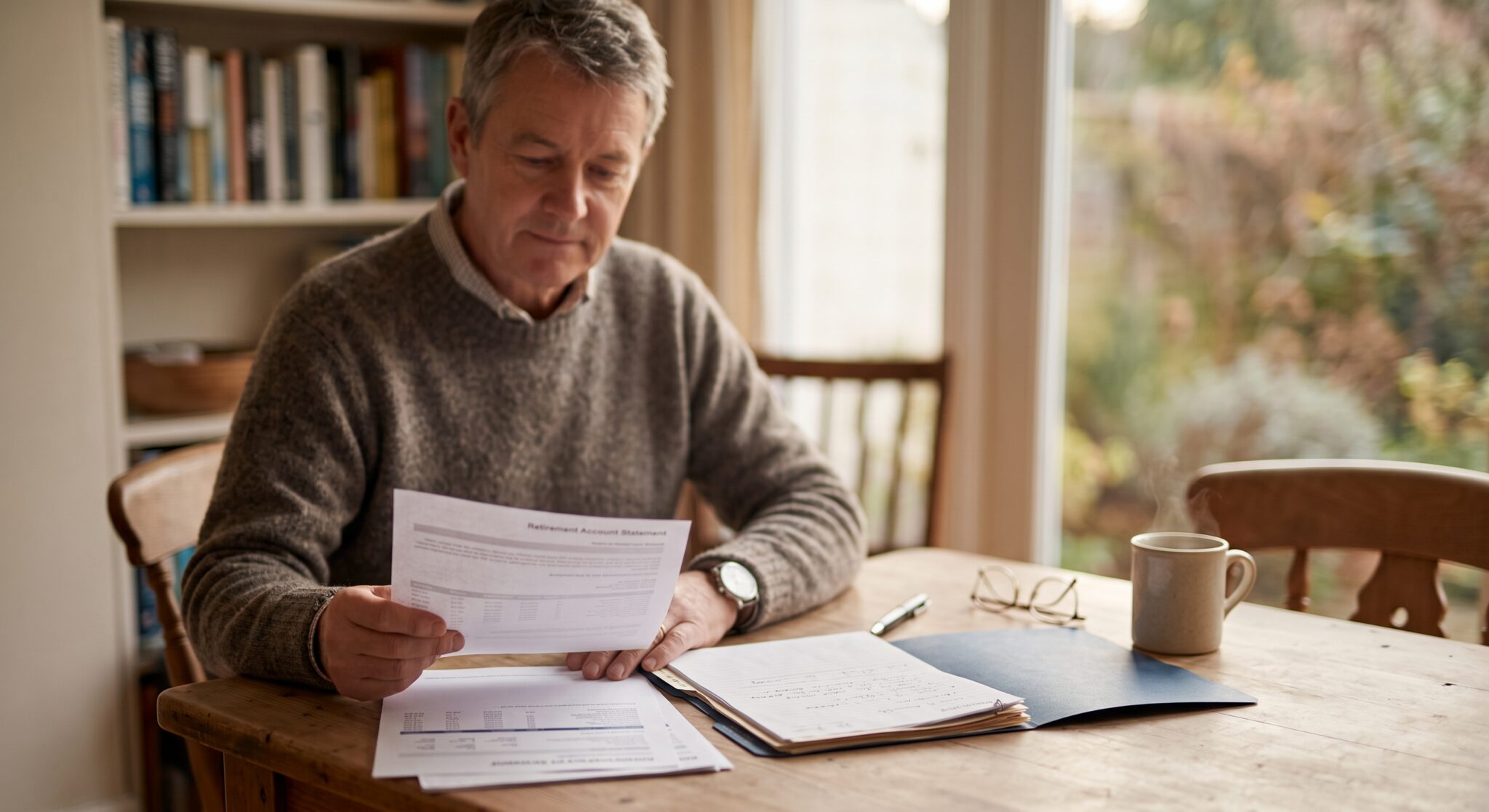 Person in their sixties reviewing retirement account statements and long-term financial records at a dining table