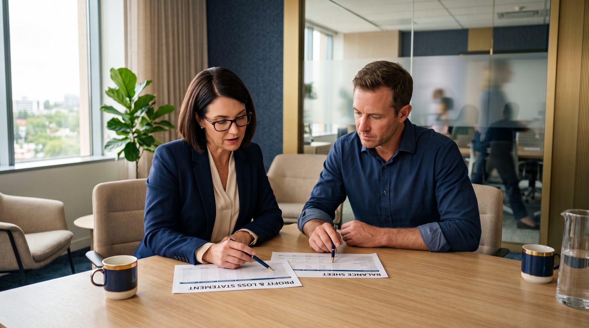 Colorado family law attorney and business owner reviewing company financial statements during a divorce business valuation