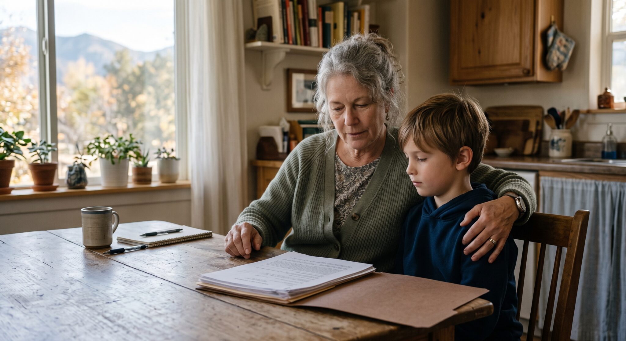 Grandmother and young child at a kitchen table reviewing Colorado guardianship court paperwork