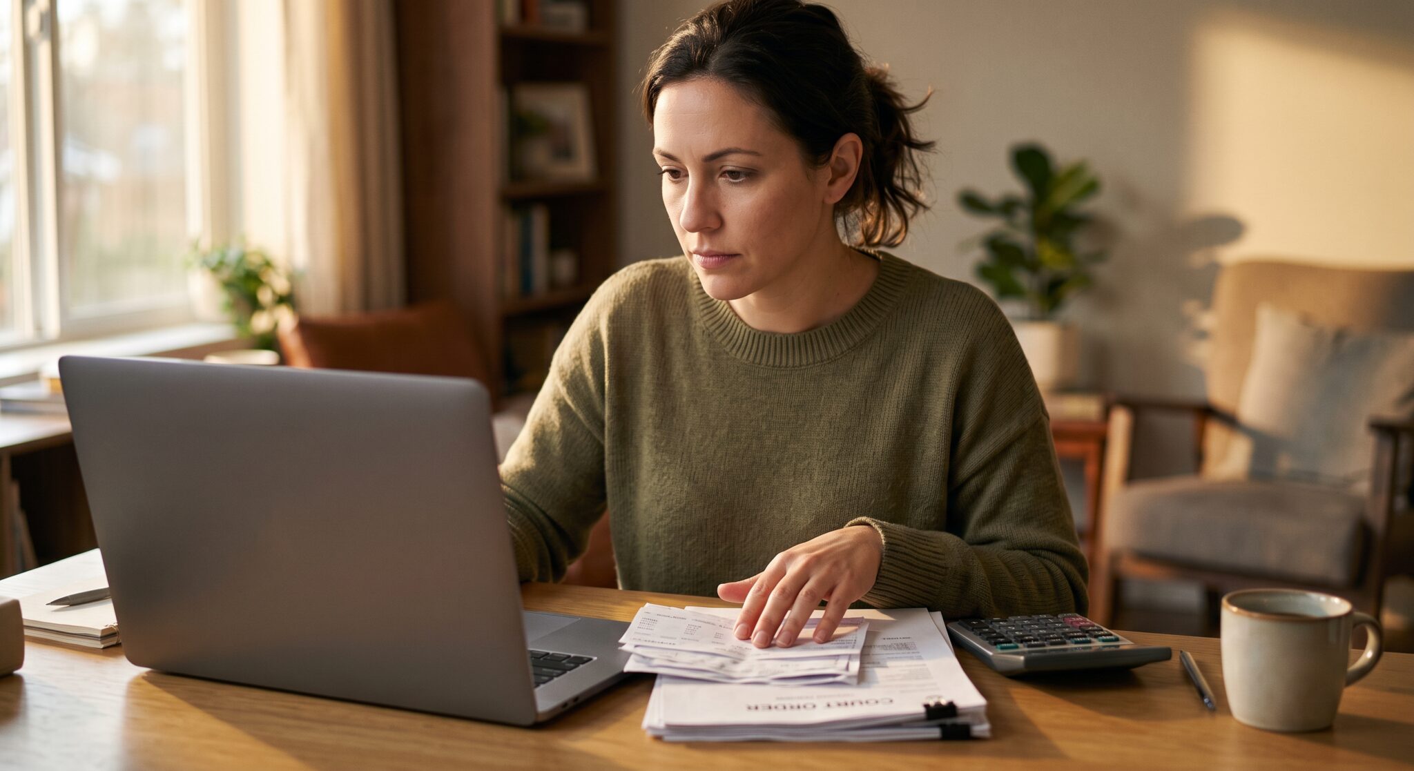 Parent reviewing pay stubs and a Colorado child support order after an income change