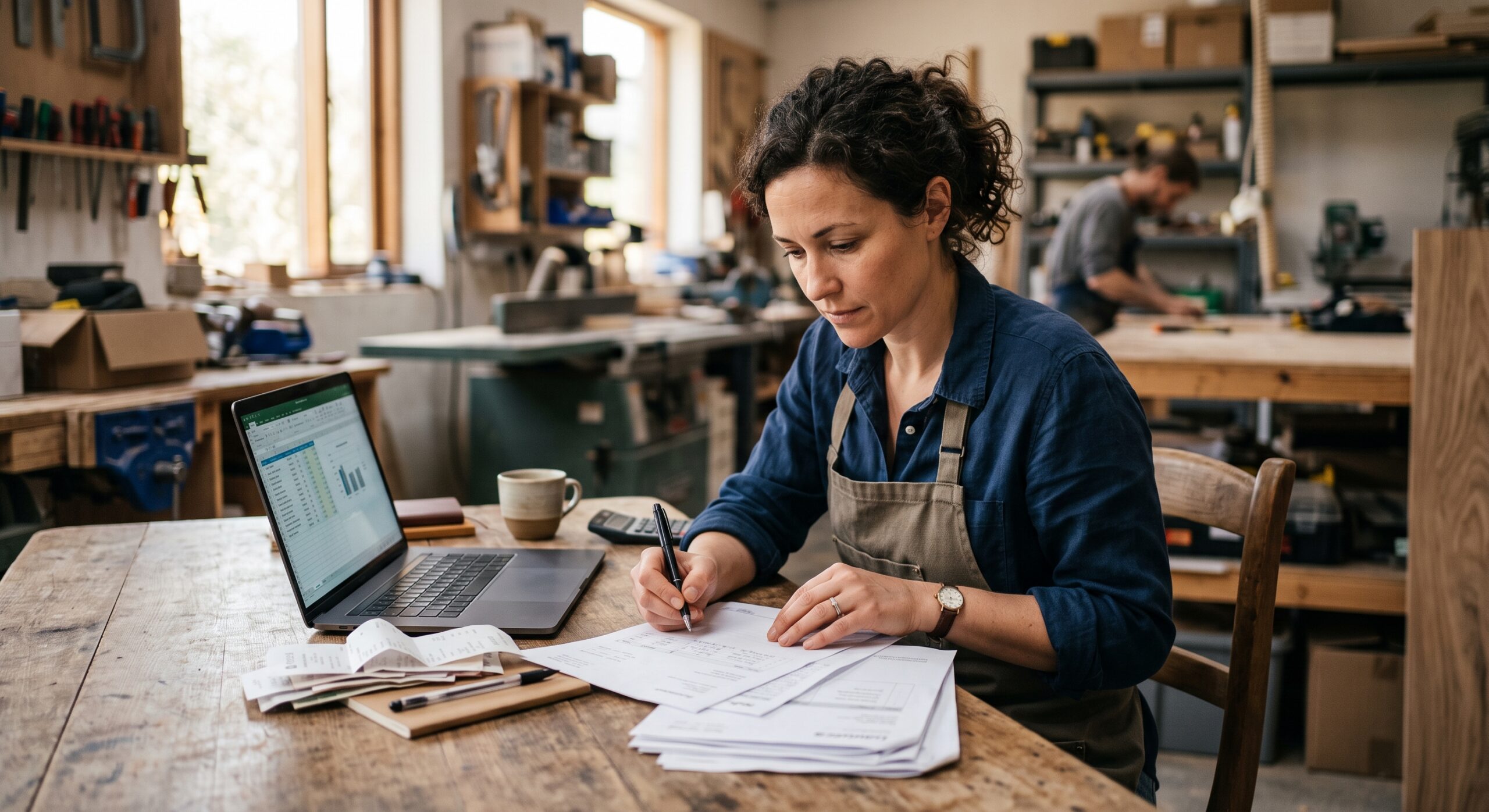 Self-employed Colorado parent organizing business receipts and income records for a child support case