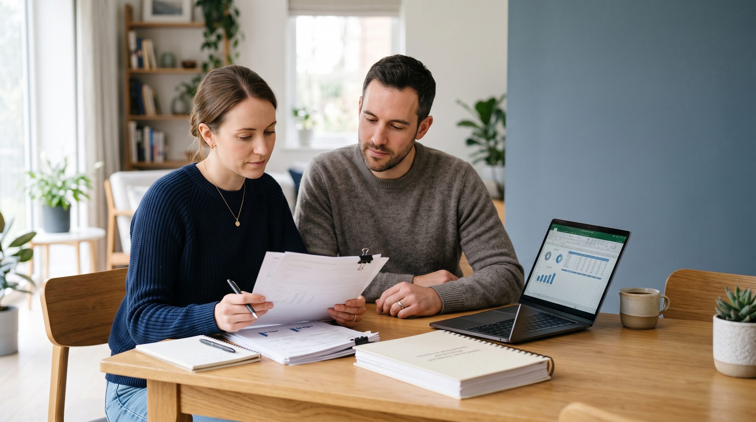 Two people at a table reviewing loan statements beside a laptop and a legal document