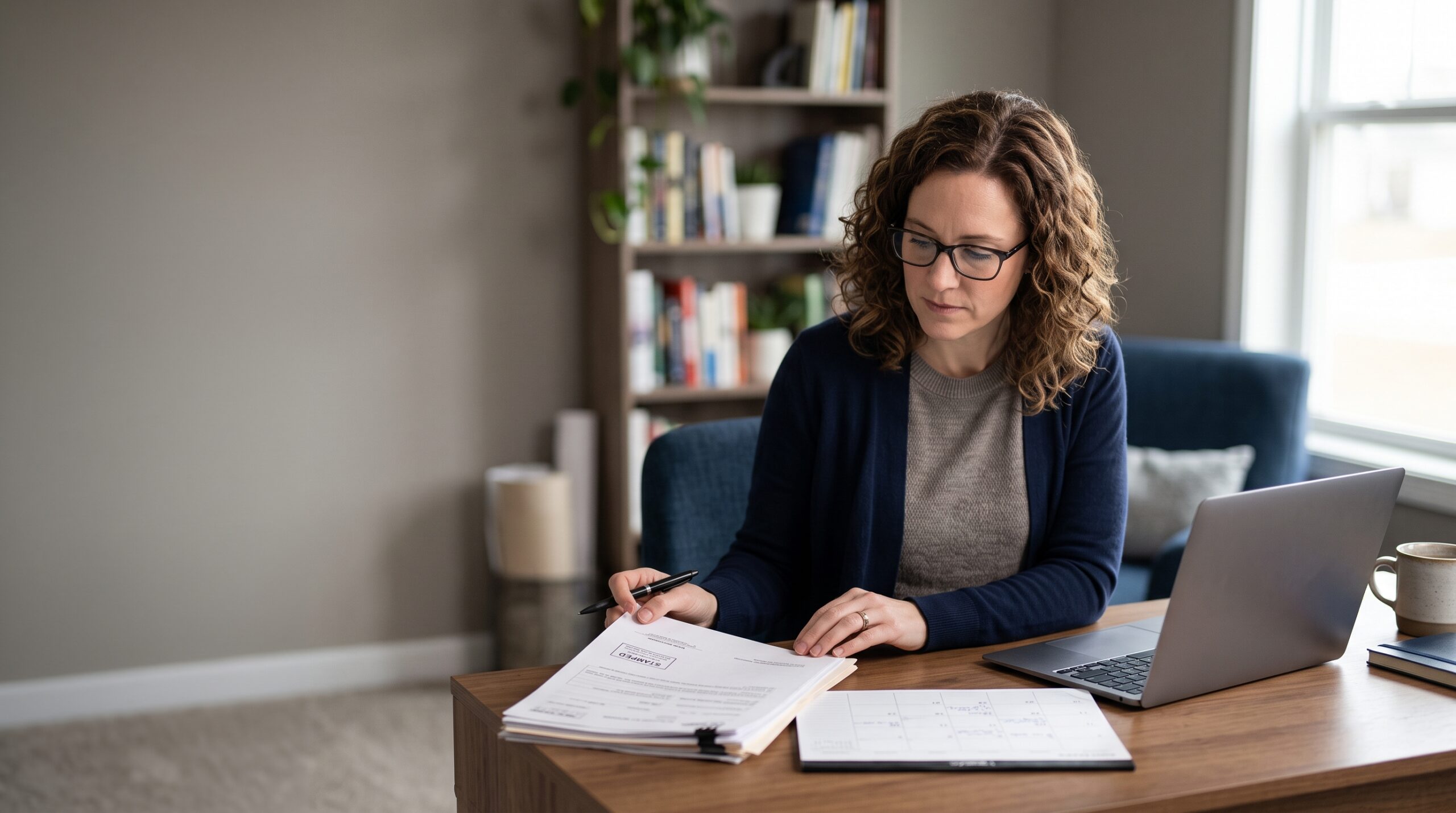 Person at a desk reviewing court paperwork beside an open calendar and laptop
