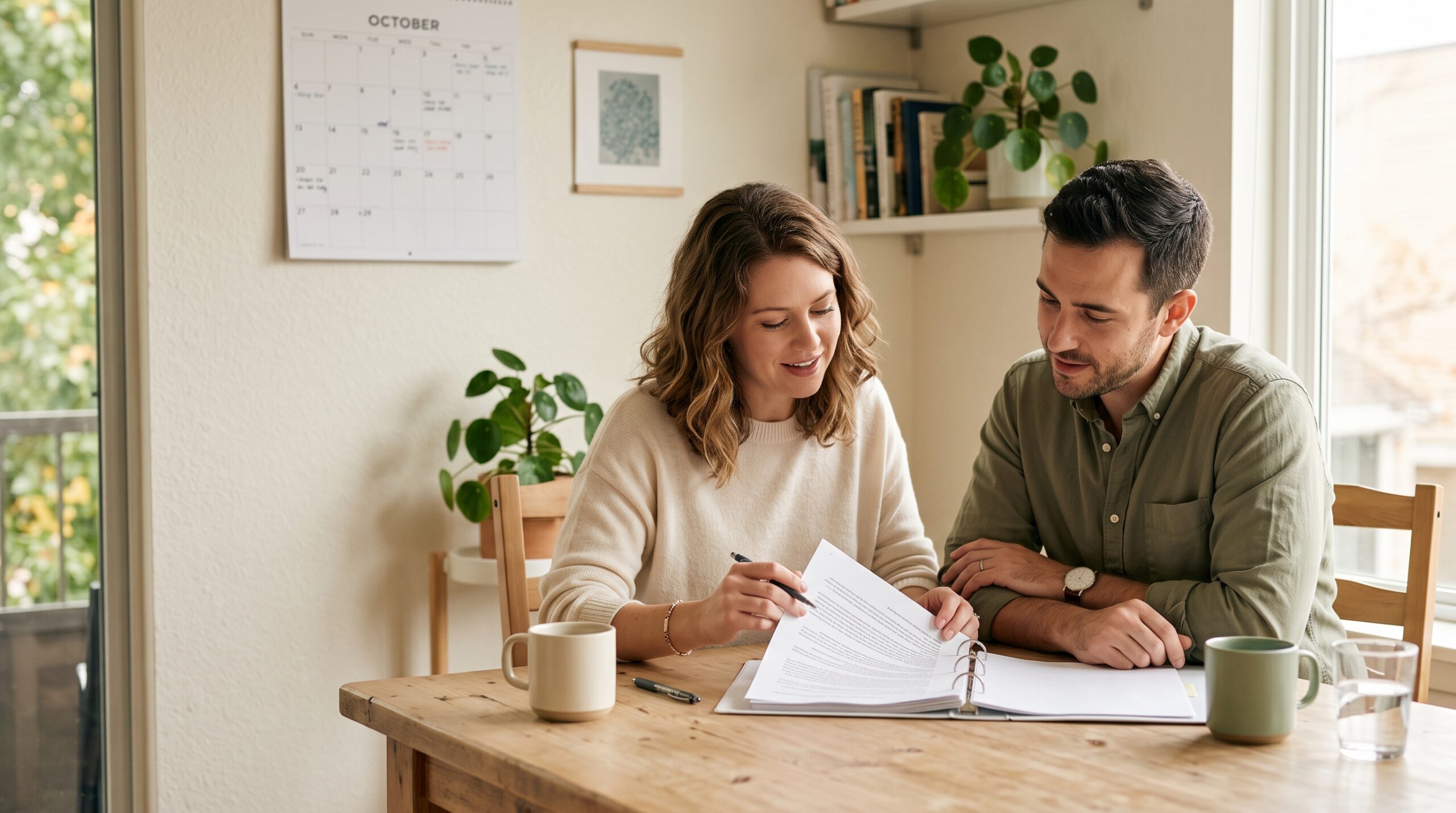 Two people reviewing a document together at a table beside a paper calendar