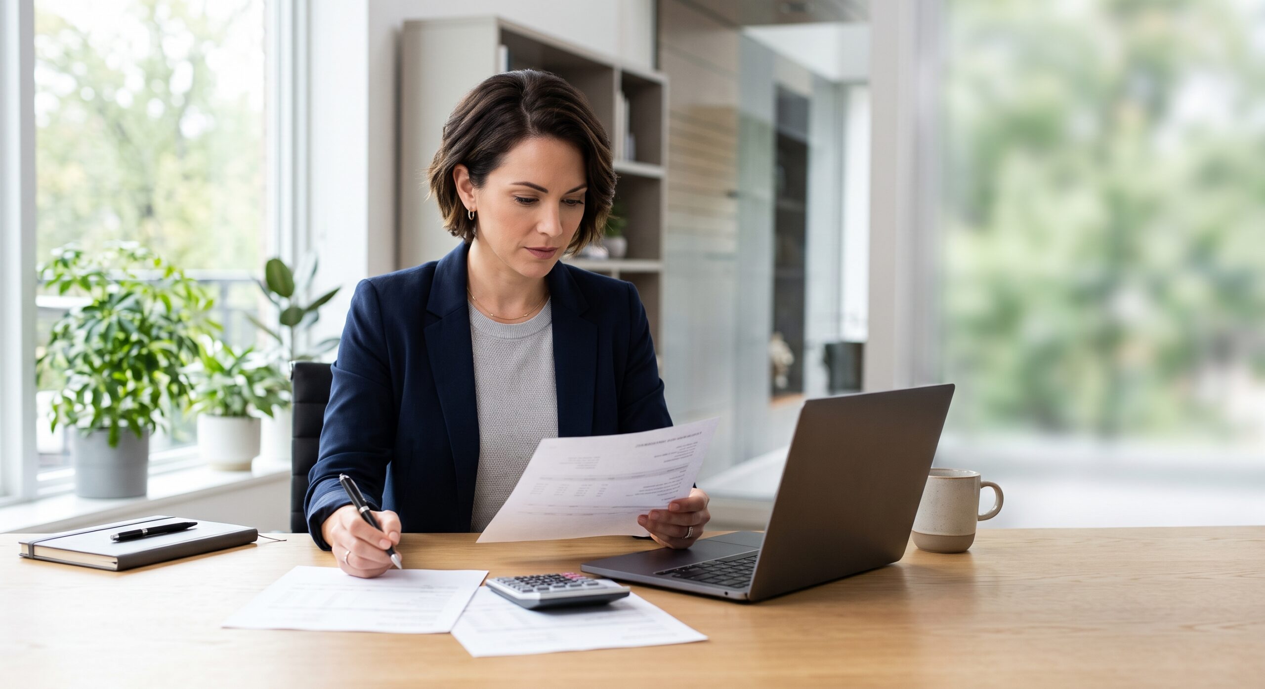Person at a desk reviewing printed compensation statements beside a laptop and a calculator
