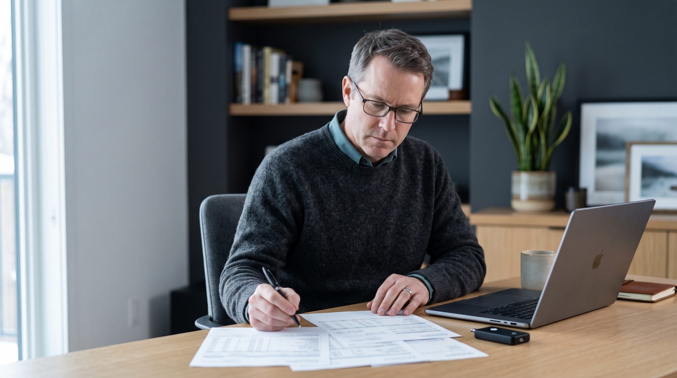 Person at a desk reviewing printed account statements beside a laptop and a small hardware device