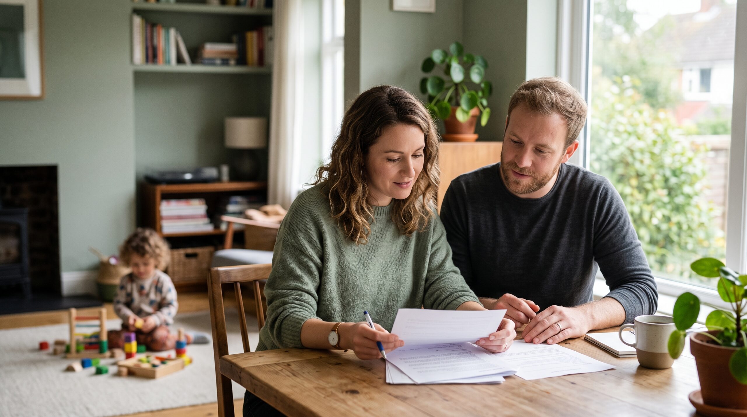 Two parents seated at a kitchen table with paperwork while a child plays nearby