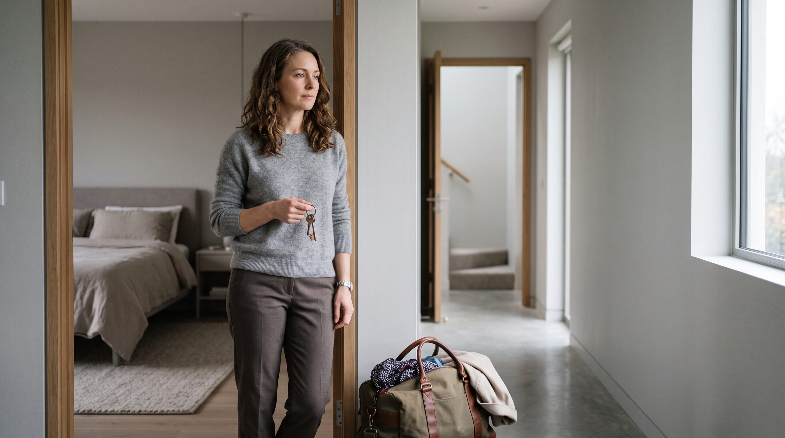 Person standing in a bedroom doorway with a packed bag and a set of keys