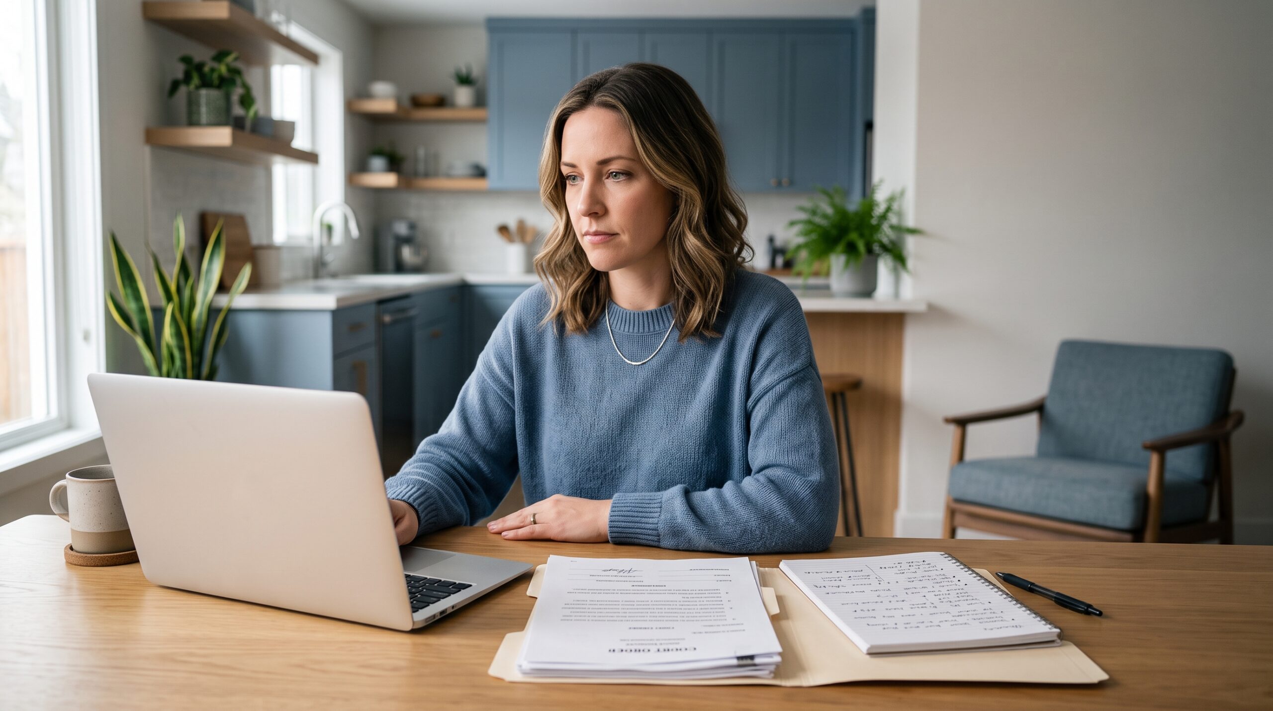 Parent at a kitchen table with a laptop, a printed court order, and a notepad