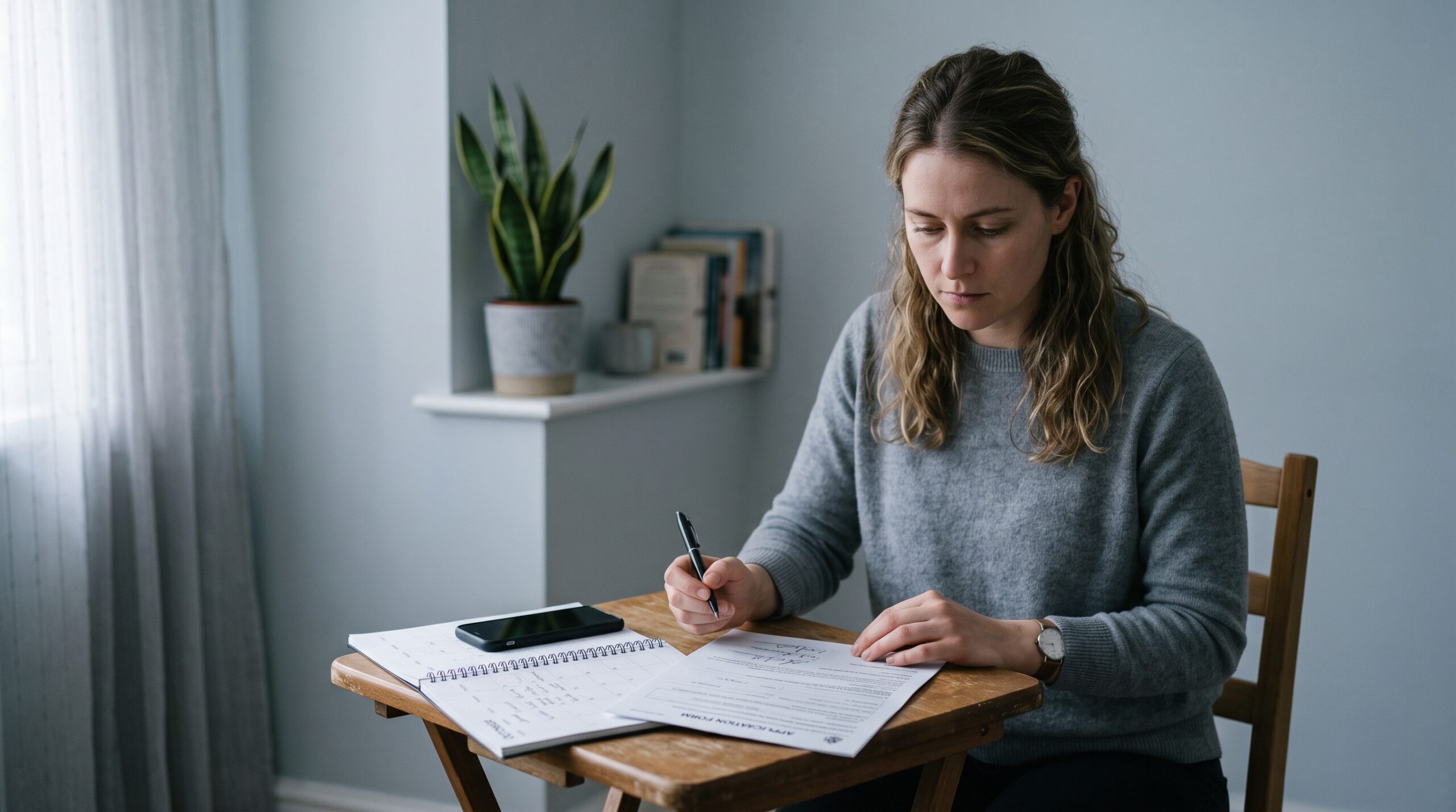 Person at a desk reviewing a signed form beside a calendar and a phone