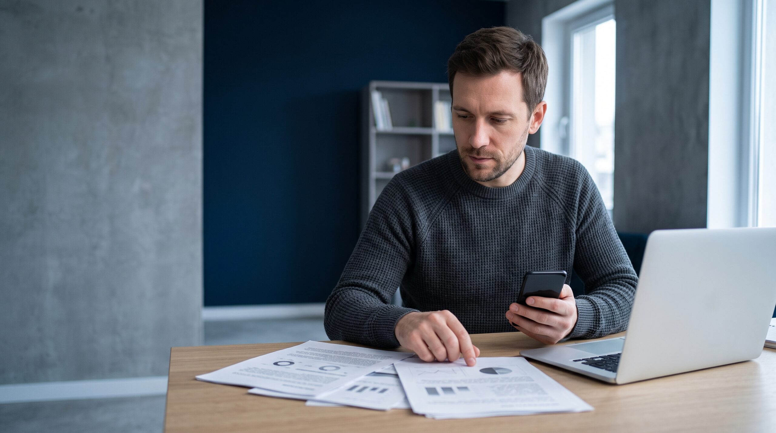 Person at a desk holding a phone beside printed pages and a laptop