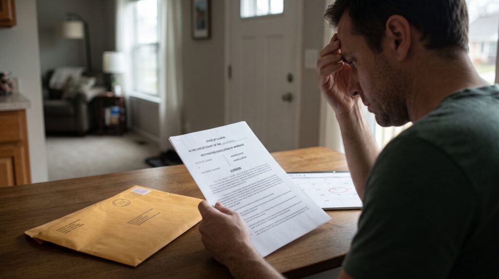 A distressed man sitting at his home table reviews Illinois divorce papers and a summons, with a manila envelope and a marked calendar nearby, capturing the stressful moment of being served.