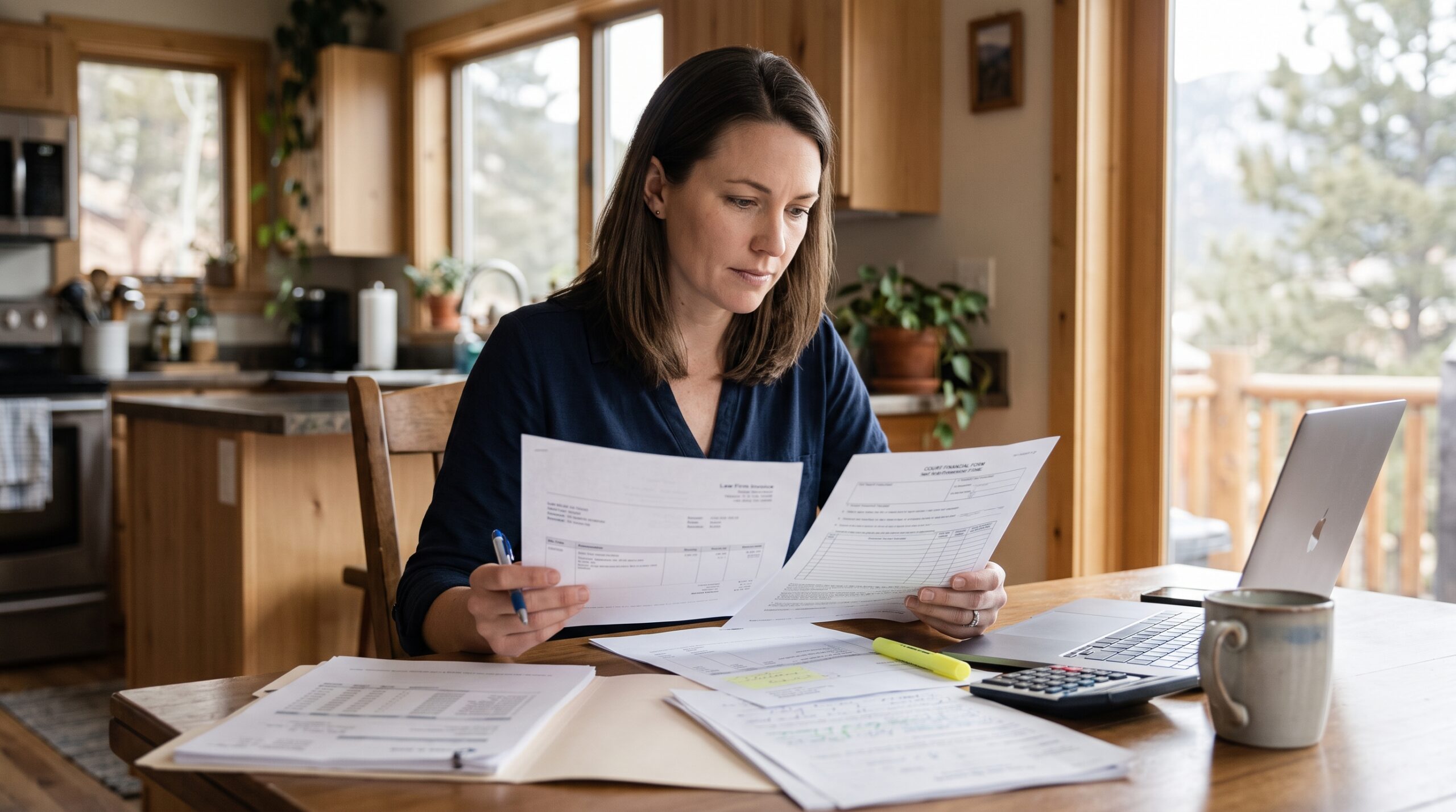 Spouse reviewing a retainer invoice and sworn financial statement before a Colorado temporary orders hearing