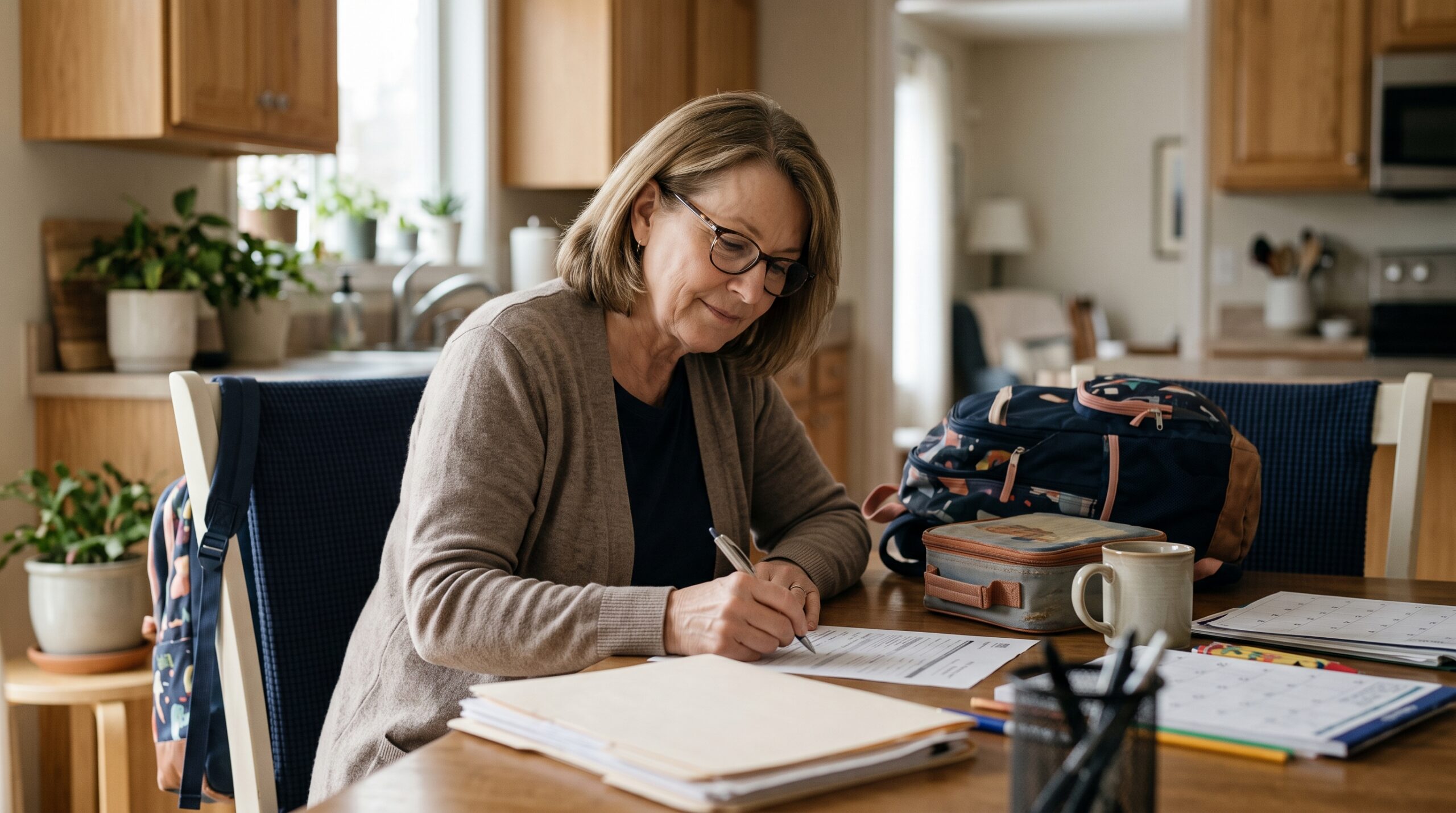 Grandmother completing school enrollment forms at a kitchen table with her grandchild's backpack nearby