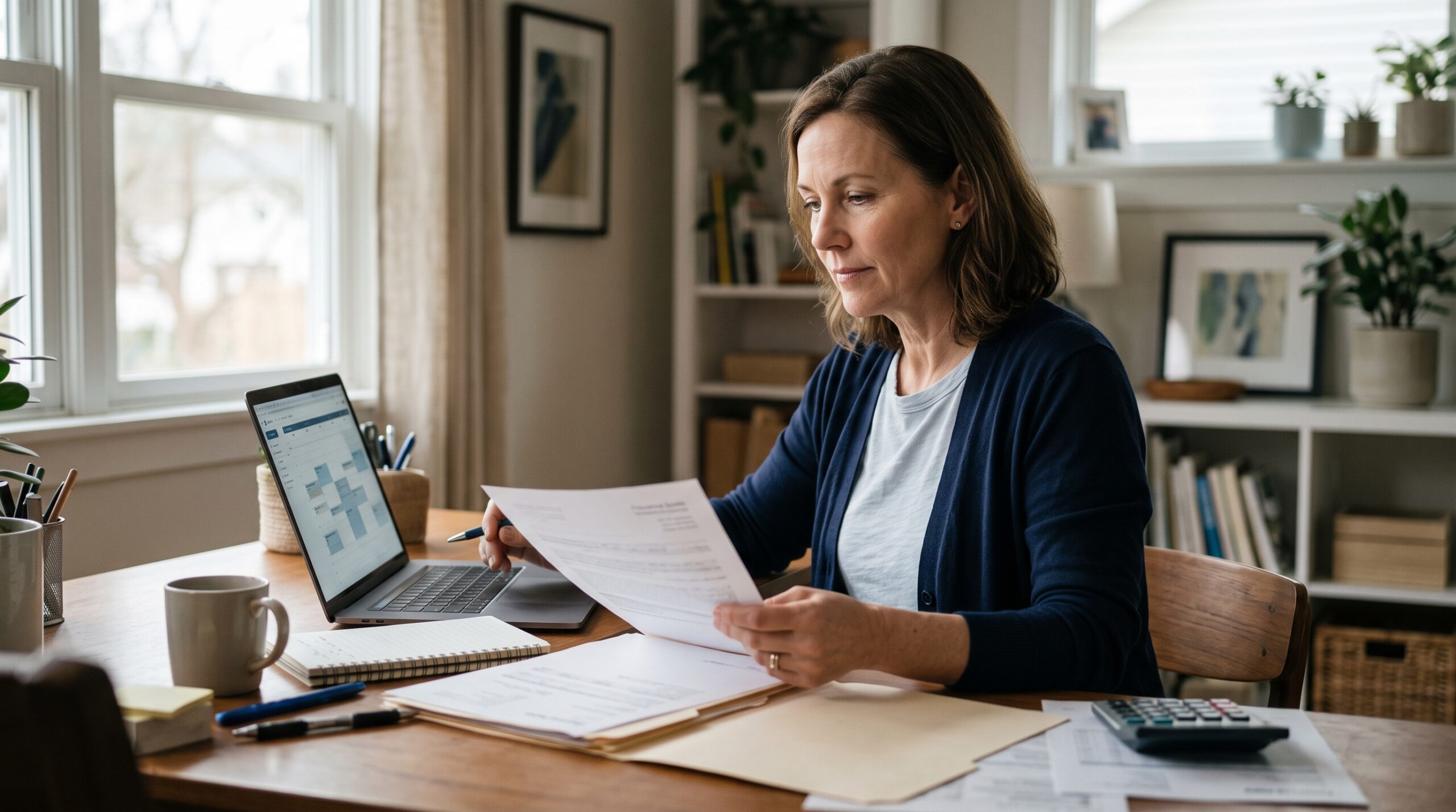 Spouse comparing a term life insurance quote against a maintenance schedule at a home office desk