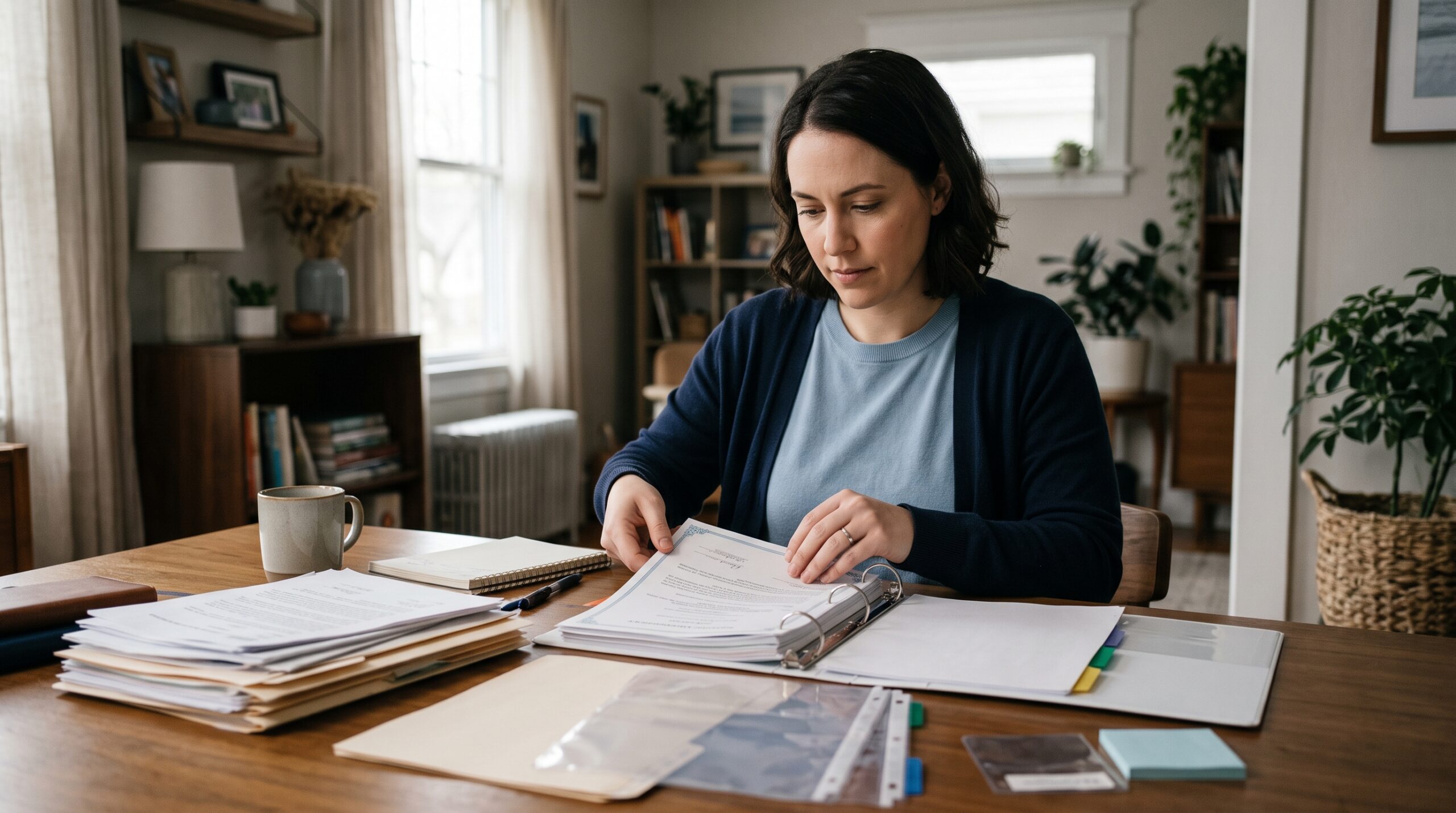 Parent organizing treatment completion certificates and supervisor reports in a binder before a parenting time hearing